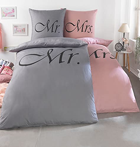 Kuscheli® 4-teilig Partner Bettwäsche 135x200 mit 80x80 Kissenbezug | ÖkoTex Zertifiziert | seidig weich, Mikrofaser Bettwäsche für Paare, Farbe:King-Queen rosa-grau, Größe:135x200 + 80x80