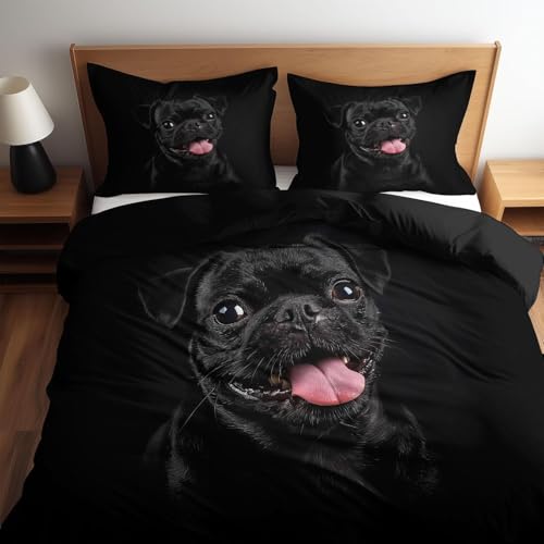 Bettwäsche 200x200 Schwarzer Mops Bettwäsche-Sets 200 x 200 3 Teilig 3D Hunde Bettbezüg Weich Mikrofaser Bettbezug mit Reißverschlus und 2 Kissenbezug 80x80cm b.756