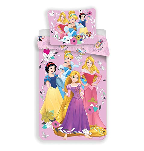 Disney Prinzessinnen Bettbezug für Kinder, Bettwäsche 140 x 200 cm, Kissenbezug 70 x 90 cm, 100 % Baumwolle