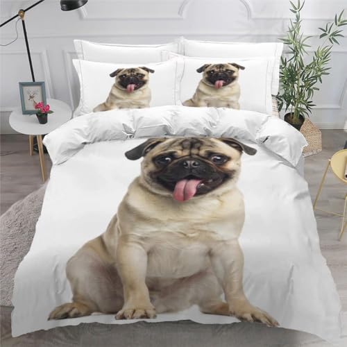 Mops Bettwäsche übergröße 155x220 Welpe 3 Teilig Bettbezug 155 x 220 cm 3D Bettwäsche-Sets Weiche Bettbezug Set Hund Bettbezüge Set und 2 Kissenbezüge a.15