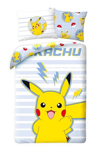 Kinder Wende Bettwäsche Pokémon Go Pikatchu Renforcé – 140 x 200cm + 70 x 90cm 100% Baumwolle Pokemon Kinderbettwäsche Öko Tex