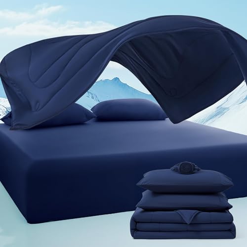Breescape Kühlendes Bettdecken-Set – Ultra Comfort 4-teiliges Set mit Kingsize-Kühldecke, faltenfreies, tiefes Spannbetttuch, 2 atmungsaktive Kissenbezüge für Haut und Haar, Bettwäsche-Set, Twilight