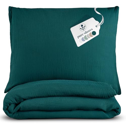 pure shores - Musselin Bettwäsche 135x200 | Bettwäsche 135x200 Baumwolle | Bettwäsche-Sets | 100% Bio mit GOTS | Reißverschluss | Bettwaren | Bedding Set (Storm-grün, 200x200 + 2x80x80)