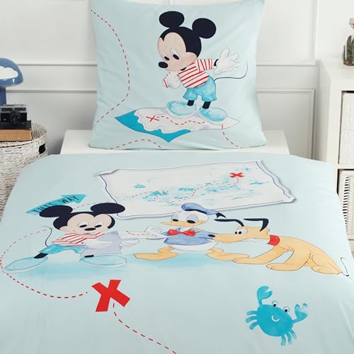 MTOnlinehandel Kinder-Bettwäsche 135x200 Mickey Maus, Pluto & Donald Duck für Jungen & Mädchen, 1x Kissenbezug 80x80 + Bettbezug 135x200, 100% Baumwolle