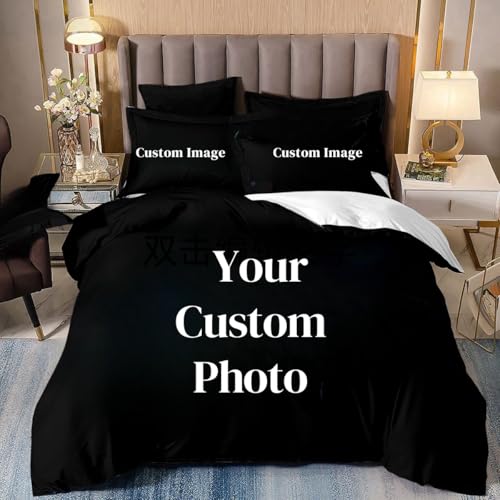 DLAYLQZG Personalisiertes Bettwäsche-Set mit Foto und Text - Individueller Bettbezug Geschenkideen für Eltern, Kinder, Paare & Haustiere Maschinenwaschbar & Atmungsaktiv (140x200cm,Schwarz)
