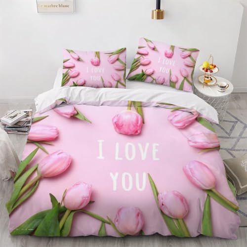 Tulpe Bettwäsche 200x200 3D Bettwäsche-Sets Romantisches Pink Bettbezüge Weiche Kuschelig Mikrofaser 3 Teilig Bettbezug mit Reißverschluss und 2 Kissenbezüge 80x80 cm A-2951
