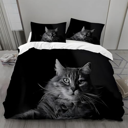 Niedliche Katze Bettwäsche 155x200cm Schwarz Warm Weiche Bettwäsche Set Microfaser Bettbezug 155x200 und 2 Kissenbezüge 80x80cm mit Reißverschluss für Erwachsene m.1062