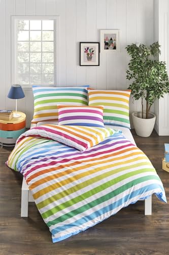 Bunte gestreifte Renforce-Bettwäsche-Set, 2-teilig, 135 x 200 cm Bettbezug, 80 x 80 cm Kissenbezug