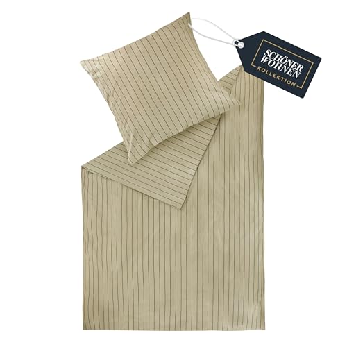 SCHÖNER WOHNEN Flanell Bettwäsche 135x200 Baumwolle Beige - Luxus Bettwäsche-Set 2teilig Öko - kuschelige warme Flauschige Sets - 1 Bettwäschebezug und 1 Kopfkissenbezug 80x80cm - Herbst & Winter