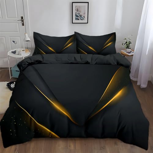 Minimalistisch Elegante Goldene Dreiecke Bettbezug 240x220 cm Schwarz Bettwäsche Set Weich Mikrofaser, Atmungsaktiv & Antiallergisch bettdeckenbezug, mit Reißverschluss & 2 Kissenbezug 80x80cm