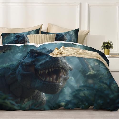 Bettwäsche 135*200cm Smaragdgrün wildes Tier Rex Bettbezug Set 2 Teilig Sonnenlicht filtert durch die Bäume Blümchen Blumenmuster Weich Bettwäsche-Sets mit 1 Kissenbezüge 80x80 cm und Reißverschluss