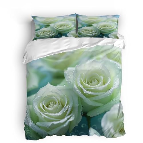 Bettwäsche 155x220 cm 3D Weiß Rot Rose Blumen Pflanze Druck Bettwäsche-Sets Mikrofaser Kinder Bedding 3teilig Bettbezug 155x220 Deckenbezug + 2 Kissenbezüge 80x80 Mit Reißverschluss Eckbinder