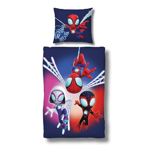 MTOnlinehandel Bettwäsche 135x200, Spidey & Super-Freunde Kinderbettwäsche für Mädchen und Jungen, Teenager, 100% Baumwolle, 1x Kissenbezug 80x80 + Bettbezug 135x200, Reißverschluss