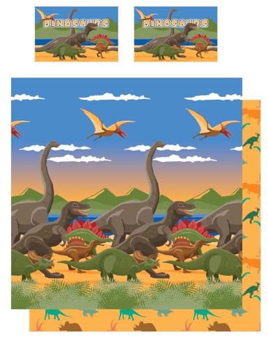 KidCollection Bettbezug für Einzelbett/Doppelbett, Dinosaurier-Welt-Motiv, Dinoherde, Bettwäsche-Set „Jurassic“ (Double Bettbezug)