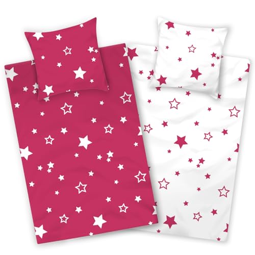 Aminata kids Bettwäsche 135x200 Baumwolle Sterne pink weiß Stern-Motiv Mädchen Wendebettwäsche mit Reißverschluss