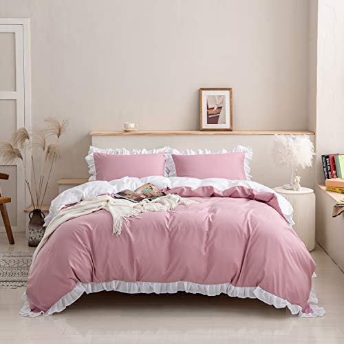 Elegantes, wendbares Bettwäsche mit Rüschen, 200 x 200 cm, Mikrofaser, Blumenmuster für Damen Kinder, 3 teilig, weich, romantisch, Rosa Weiß