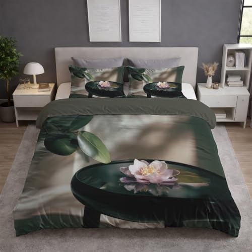 Bettwäsche 155 x 220 cm - Bettbezug Angenehm Leicht Atmungsaktiv - Modedrucke Mikrofaser 2teilig Set mit Kissenbezüge 80x80 cm Orientalisch Pflanzen Lotus mit Reißverschluss Schwarz