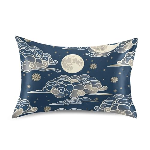 Kissenbezüge aus ägyptischer Baumwolle, chinesischer Stil, Mondmotiv, dunkelblau, Satin-Bambus, Standardgröße 50,8 x 66 cm