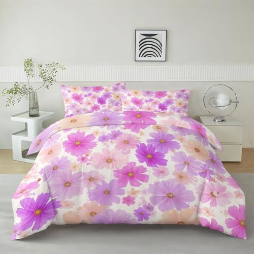 Bedruckte Bettdeckenbezug 135 x 200 cm, Bettwäsche Set Lila/Violett Weich Wendebettwäsche - Elegant Blumen Charmant Gänseblümchen Bettbezug mit Reißverschluss für Kinder Jugendliche Erwachsene