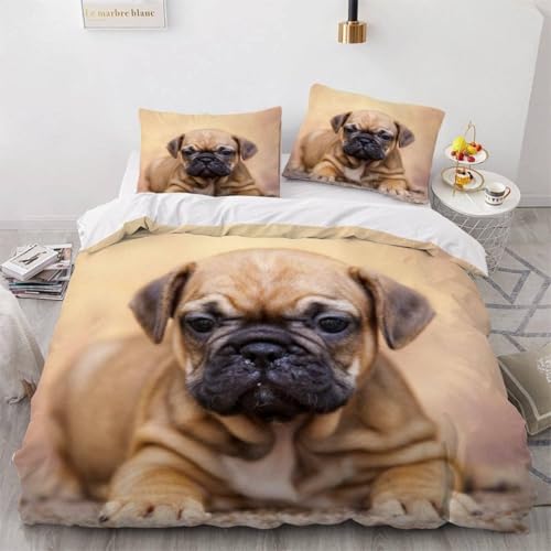 Bettwäsche 200x220 Mops 3D Druck Bettbezug 200x220 Haustierhund Bettwäsche-Sets Weiche Mikrofaser Bettwäsche Set 3 Teilig Bettbezüge für Doppelbett mit 2 Kissenbezüge G-1889