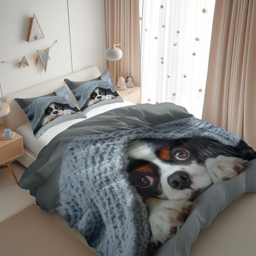 Quixora 3-teiliges Bettwäsche-Set 155 x 220 mit 2 Kissenbezügen 80x80 cm, Bettbezüge Tierhunde Landhausstil Druck weiche Mikrofaser für Kinder Mädchen und Teenager, Grau