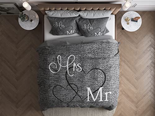 Sleeptime Partner Bettwäsche Mr. und Mrs. 200cm x 200cm 3teilig grau - weich & bügelfrei Bettbezüge mit Reißverschluss - graue Bettwäsche Set aus 100% Baumwolle - 2X Kissenbezug 80x80cm