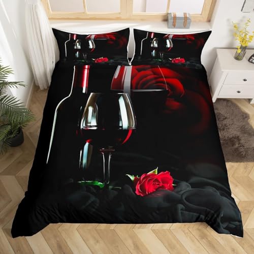 Bettwäsche 200x200 cm Weinrote Rosen 3 Teilig Bettbezug 200 x 200 Romantisches Paar Bettwäsche-Sets 3D Weiche Mikrofaser Bettbezug Set mit Reißverschluss + 2 Kissenbezüge i-1667