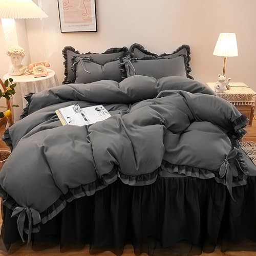 GETIYA Damen Mädchen Bettwäsche 135x200 4Teilig Dunkelgrau Bettwäsche mit Rüschen Aesthetic Unifarben Bettbezug mit Schleife Weich Mikrofaser Bettwäsche Set mit 2 Kissenbezug 80x80