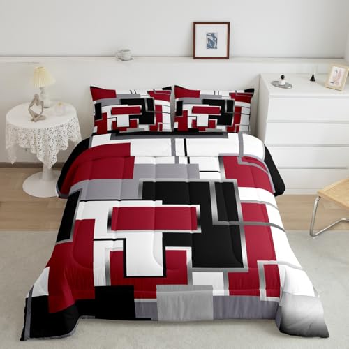 Erosebridal Modernes Bettwäsche-Set, volle Größe, schwarz-weiß-rot, Bettwäsche-Set für Jugendliche, Jugendliche, Erwachsene, geometrisches kariert, moderne Kunstwerk, Bettdecke mit 2 Kissenbezügen