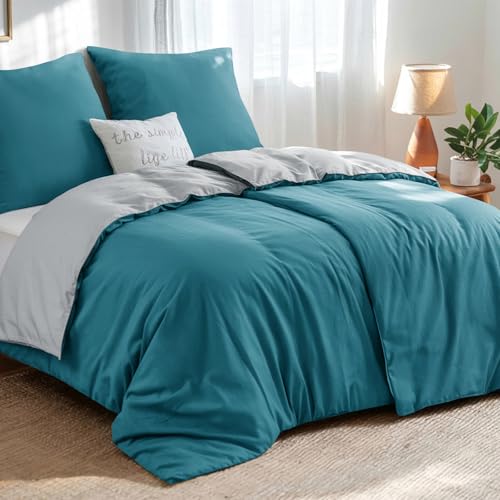 Aisbo Bettwäsche 135x200 4teilig Türkis Grau   Bettwäsche Sets 2 Bettbezüge 135x200 + 2 Kissenbezüge 80x80, ÖKO TEX Wendebettwäsche Weich Mikrofaser mit Reißverschluss