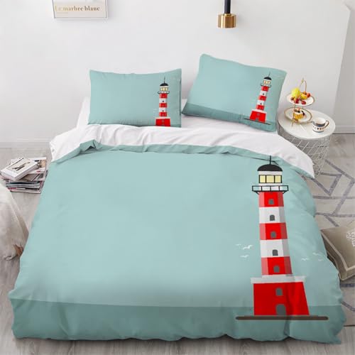 HABEAT 3D BettwäSche Leuchtturm 200x200cm 3teilig Maritime BettwäSche Set mit Reißverschluss Sommer Weich Mikrofaser Winter Warm Bettbezüge mit 2 Kissenbezüge 80x80 cm?Stil 134-10?