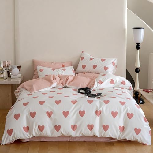 Nayoroom Bettwäsche 135x200 Weiß mit Rosa Herzen Bettbezug 2teilig Microfaser Rosa Weiss Herzchen Wendebettwäsche Set und Kissenbezug 80x80 cm mit Reißverschluss