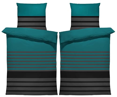 one-home Winter Biber Bettwäsche Baumwolle Kuschelig Flauschig Warme Weiche Flanell Bettbezüge Modern, Größe:4 teilig 135x200 cm, Farbe:Gestreift Petrol