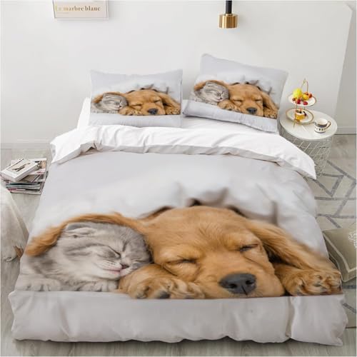 Bettwäsche 135x200 Süßer Hund Bettwäsche-Sets Atmungsaktive Angenehme Bügelfrei Microfaser 3D Bettbezug Katze mit Reißverschluss und 2 Kissenbezüge b-3480