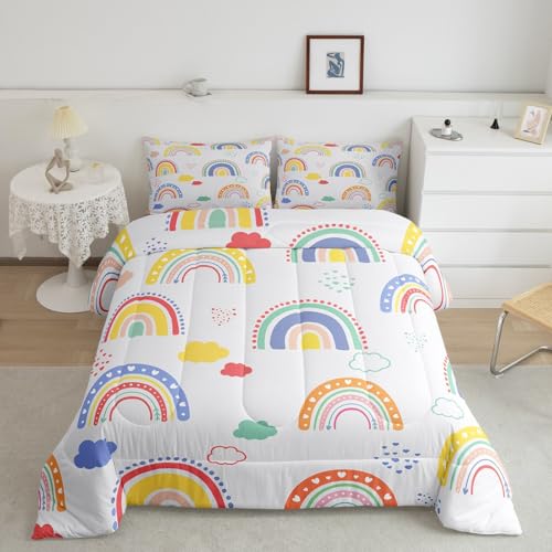 Homewish Regenbogen Tröster Set Geschenke für Kleine Mädchen Zimmer,Bunte Wolke Quilt Cartoon Irisierende Bettwäsche Set,Regenbogen Linien Gestreifte Bettdeckeneinsatz mit 2 Kissenbezügen,200x200