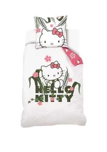 HELLO KITTY - Housse De Couette Hello Kitty 140x200 cm + 1 taie d'oreiller 63x63 cm - 100% Coton - Blanc