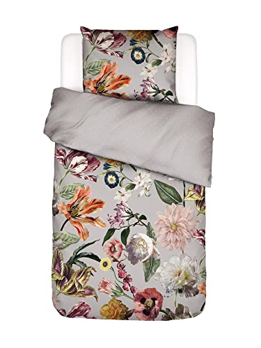 ESSENZA Bettwäsche Filou Grey Satin Grau Blumen Blüten Dahlien Tulpen Floral Geblümt Sterne, Größe:155 cm x 220 cm