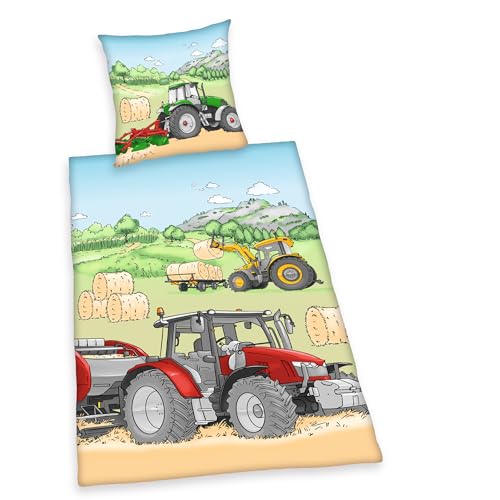Herding Young Collection Flanell-Bettwäsche-Set, Traktor, Kopfkissenbezug 70 x 90 cm, Bettbezug 140 x 200 cm, Mit Knopfleiste, 100% Baumwolle/Flanell