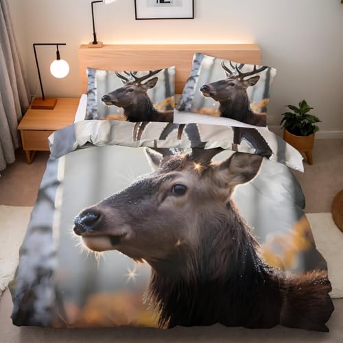 Bettwäsche 200x200 Bettwäsche-Sets Hirsch Tier 3D Effekt Weiche Mikrofaser Artikel Wald Natur Bettbezüge 3 Teilig Mit Verdecktem ReißVerschluss und 2 Kissenbezug 80x80 cm