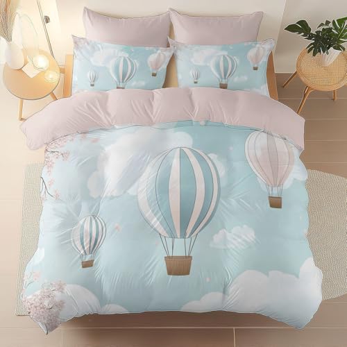 Bettwäsche-Set, Romantik Heißluftballon Streifen Thema Weiches gebürsteter Mikrofaser Bettwäsche, 200 x 200 cm Für Erwachsene Teenager Kinder 3 Stück Mit Reißverschluss Hellblau Rosa