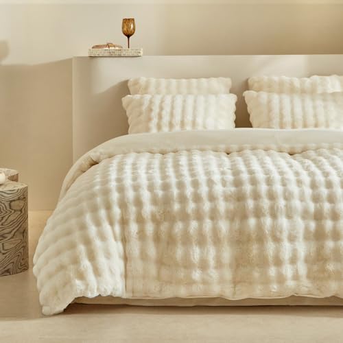 Lekesky Plüsch Bettwäsche 135x200 - Flauschige Bettwäsche aus Flauschig Kaninchenfellimitat - Beige Winterbettwäsche 135x200 mit Reißverschluss und 1 Kissenbezug mit Reißverschluss 80x80cm
