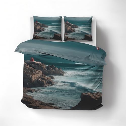Generisch Bettwäsche 140x200 Leuchtturm Bettwäsche-Set Meer Nautisches Thema Bettbezug Winter Weiche Mikrofaser Bettbezug 140 x 200 2tlg, 1 Kissenbezug 70x90, mit Reißverschluss, Schlafzimmer Deko