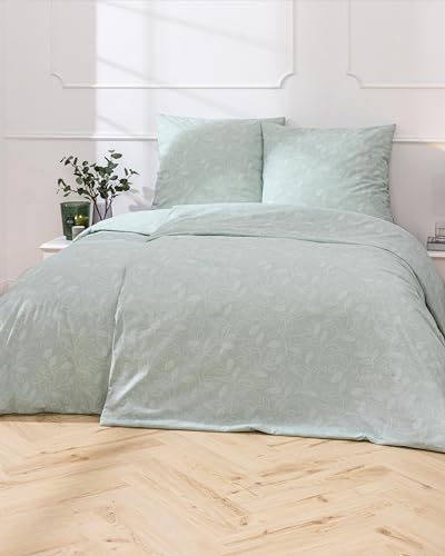 MTOnlinehandel Bettwäsche 135x200 Grün, Blumen-Ranke Zweige Blätter salbeigrün, Baumwolle, Öko-Tex, für Allergiker geeignet, Reißverschluss, Kissenbezug 80x80 + Bettbezug 135x200, Traumhelden