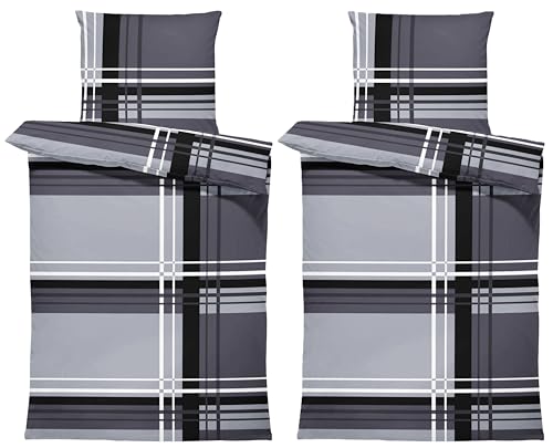 one-home 4 teilig Biber Bettwäsche 135x200 cm gestreift modern grau Winter Warm Baumwolle