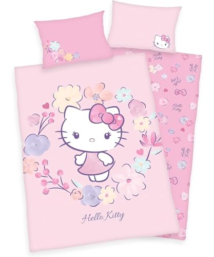Herding Hello Kitty Flanell Bettwäsche 40x60cm +100x135cm, 100% Bio-Baumwolle, Biber