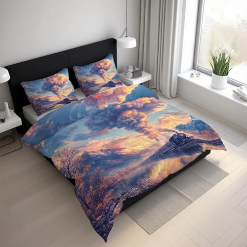 Generisch Dampfzug Bettwäsche 135x200 2teilig, Schneeberg Natur Landschaft Bettwäsche-Sets mit Reißverschluss, Microfaser Weiche Bettbezug mit Kissenbezüge 80×80 LGS14sL