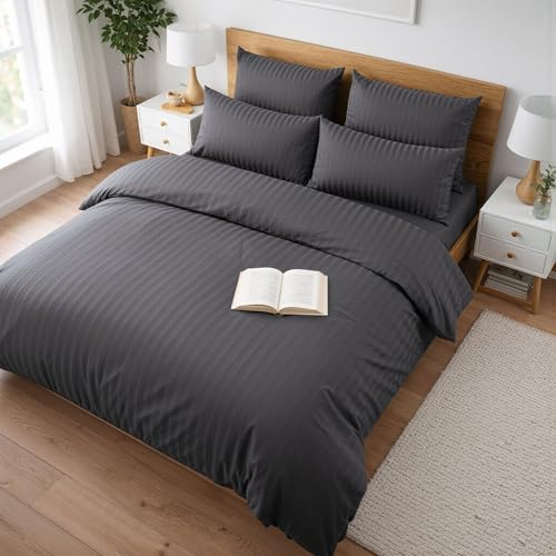 slummer Bettwäsche 135x200 Baumwolle 2teilig anthrazit grau - Damast Streifen - Reißverschluss Mako-Satin - Hotelbettwäsche - Winter