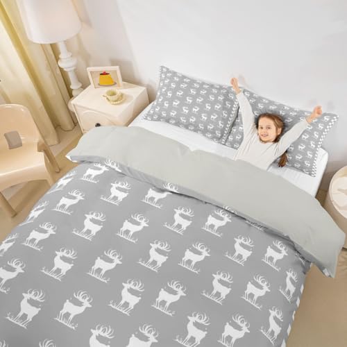 feelingyou Kawaii Elch Kinder Bettdecke S Größe Hübsche weiße Elk Deer Silhouette Decken Abdeckung für Schlafzimmer Weihnachten Retro ländlichen Bauernhaus Stil Bettwäsche Set(1 Kissenbehälter)