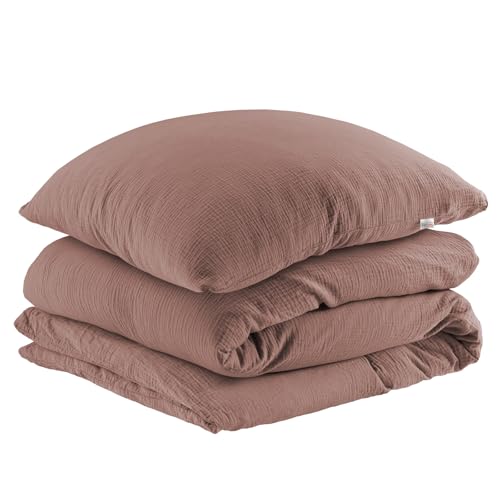 Pure Label Musselin Bettwäsche 135x200 einem Kissenbezug 80x80 aus 100% Baumwolle   Traumhaft weiche, kuschelige Bettwäsche Sets in braun aus Musselin