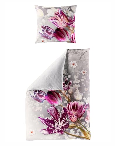 JACK by Bierbaum Mako Satin Digitaldruck Bettwäsche 2 TLG. 135x200cm Tulpen Lila Grau Silber